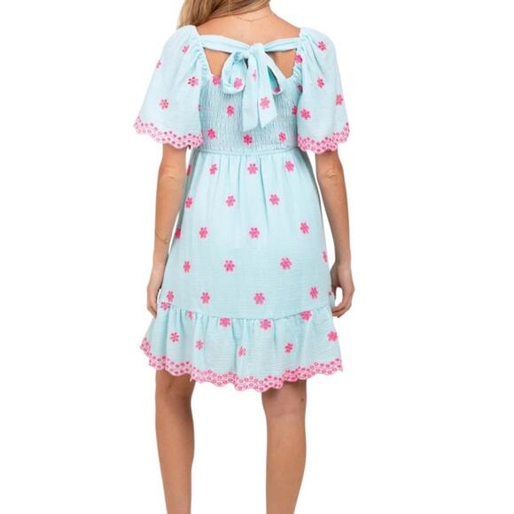 Easel Embroidered Smocked Tie Back Cotton Blue Ruffle Dress Small A Line Boho - Picture 14 of 14